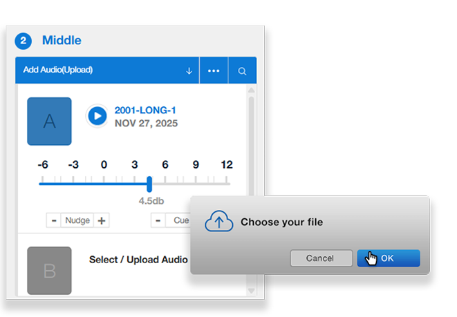 Phantom Producer desktop interface for uploading a voice-over and selecting a music track to build a custom promo
